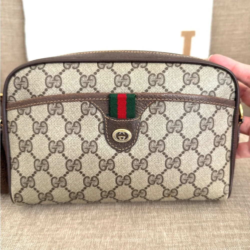 Gucci authentic brown monogram coated canvas crossbody bag brown leather - Picture 2 of 16